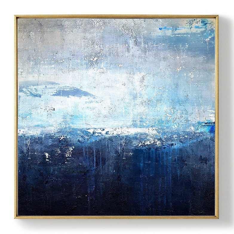 Deep Handmade Hand-painted Oversized Blue Coastal Abstract Canvas E9VX6